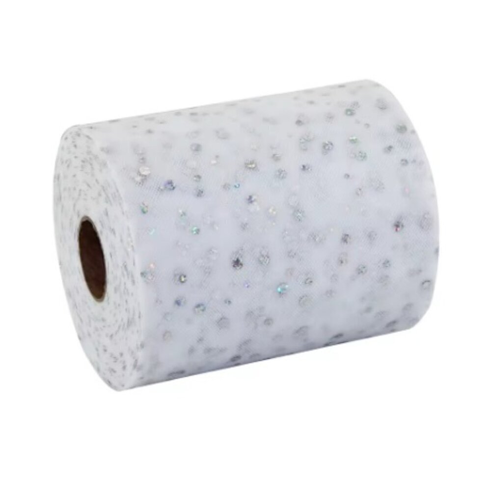 Sequin Dot Tulle - 6" x 100 FT - White